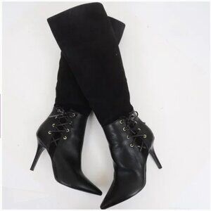 Nine West Jelizao Black Suede Corset Lace Knee-High Stiletto Boots Size 6